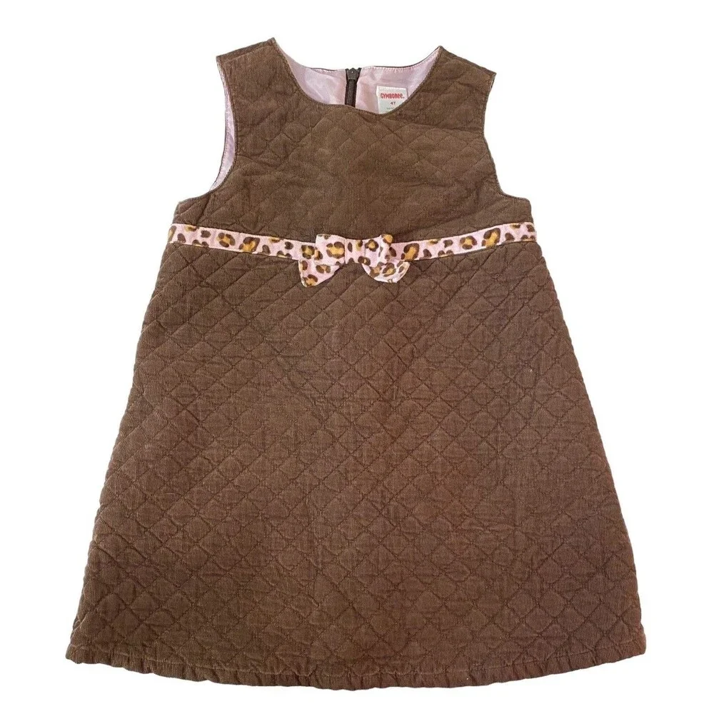 Gymboree Girls 4T Quilted Jumper Dress Brown Pink Leopard Bow Sleeveless￼